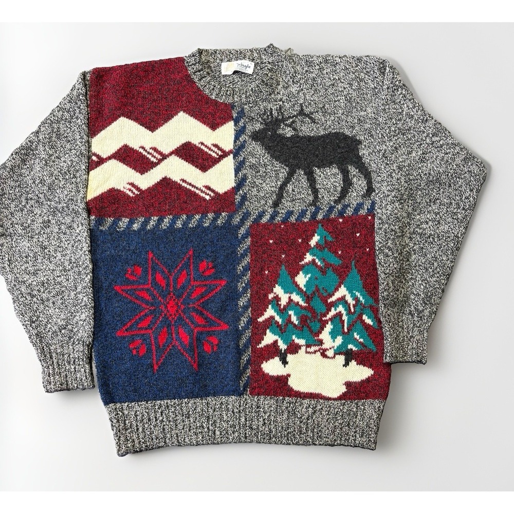 Vintage Pringle of Scotland Reindeer Moose 100% Wool Pullover Holiday Sweater Lg